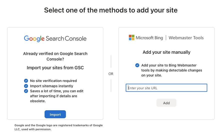 Bing Webmaster Tools : configurer son site et suivre sa visibilité 2 Écran Bing proposant Import your sites from GSC ou Add your site manually