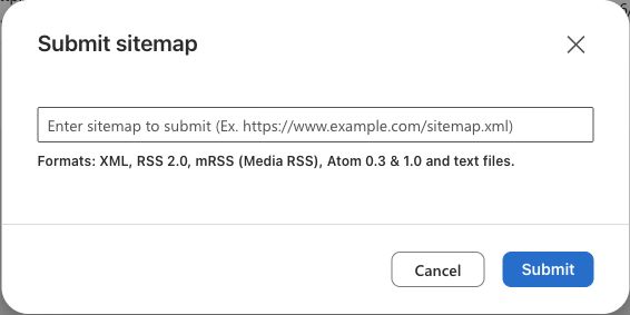 Bing Webmaster Tools : configurer son site et suivre sa visibilité 3 Fenêtre Submit sitemap dans Bing avec un champ attendant l’URL complète du sitemap