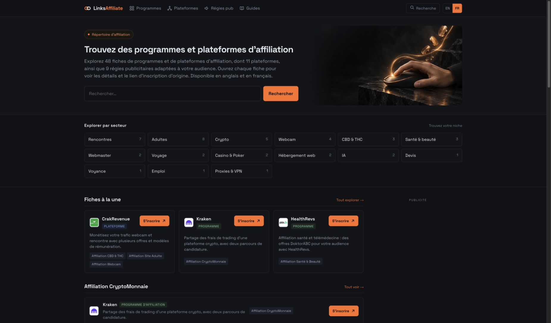 Accueil du répertoire LinksAffiliate, consulté le 27 octobre 2026